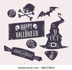 Halloween illustration. Vector set of happy halloween vintage badges, logos emblems and labels. Halloween cardposter. Vector stock illustration.