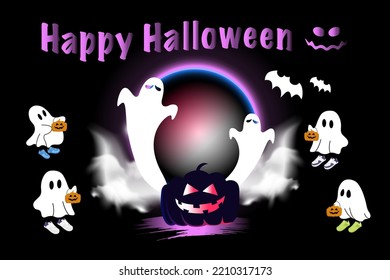 Halloween Illustration Vector Template and designs set. Happy Halloween banner or party invitation background with pumpkins, fog, ghosts, dark full moon and flying bat. Vector.