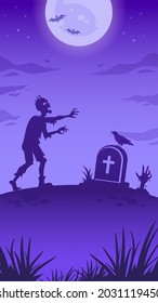 Halloween illustration. Walking dead, big glowing moon and night spooky landscape. Stories template. Vector spooky illustration with zombie, tombstone and full moon. Halloween background, poster