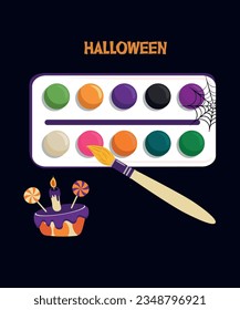 Halloween Illustration with Watercolor and Brush,Cake, Candle,Candy