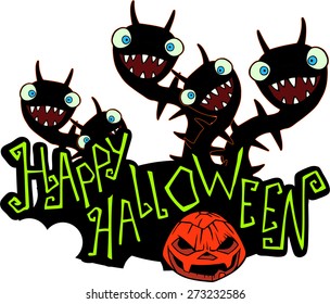 Halloween illustration with weird monsters looking out of the Halloween title