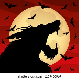 Halloween illustration with a werewolf on the background of the moon and bats.