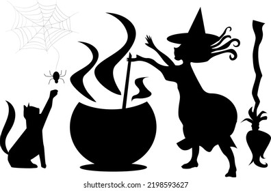 halloween illustration. The witch brews a magic potion and conjures at the cauldron.Silhouettes of the witch,cat,broom,cauldron.