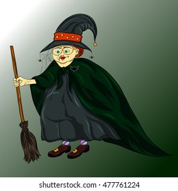 Halloween illustration with a witch and broom, green cloak, hat For print on T-shirts, for Halloween cards and banners