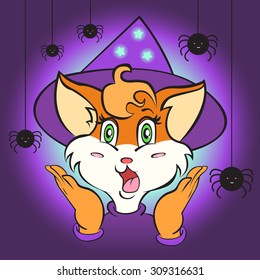 Halloween illustration. Witch cat with hat and spiders