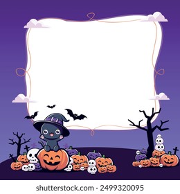 Halloween illustration witch cat pumpkins and bats vector