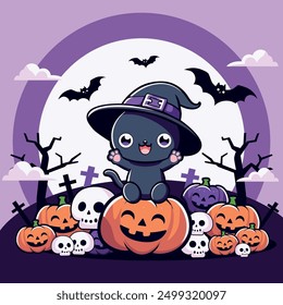 Halloween illustration witch cat pumpkins and bats vector