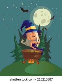 Halloween illustration with witch and crafting pot, Halloween poster, VECTOR