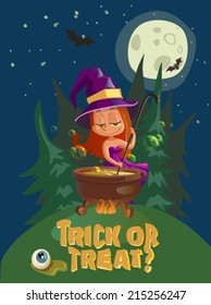 Halloween illustration with witch and crafting pot, Holiday poster design, VECTOR