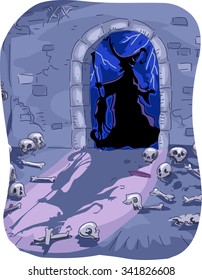 Halloween Illustration of a Witch Entering a Dungeon Filled with Skeletons
