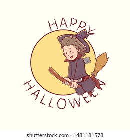 Halloween illustration witch flying with cat