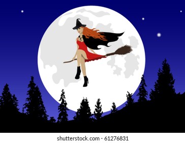 Halloween illustration of a witch flying in front of a full moon.