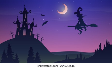 Halloween illustration with a witch flying on a broomstick in the moonlit twilight on the background of a gloomy castle