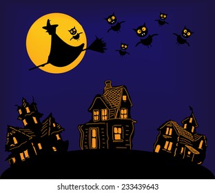 Halloween illustration of witch flying on broom above haunted houses