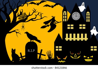 Halloween illustration of a witch flying over a cemetery