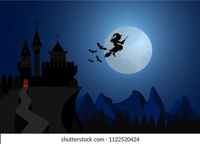 Halloween illustration witch flying under hills , dark castle with bats in full moon night .Party invitation,flayer for print and web design.