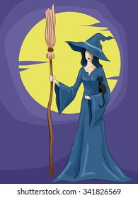 Halloween Illustration of a Witch Framed by the Full Moon