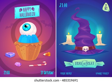 Halloween illustration witch hat and candy with eye . Vector set of happy halloween vintage badges, logos emblems and labels. Halloween cardposter. Vector stock illustration.