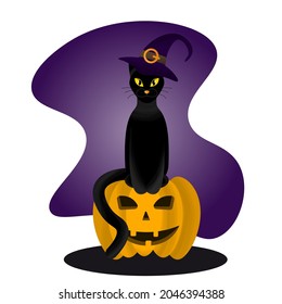 Halloween illustration with a witch hat cat and a pumpkin. a design element for Halloween. vector color illustration with a black cat and a pumpkin