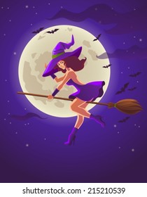 Halloween illustration with witch on broom, Halloween poster, VECTOR