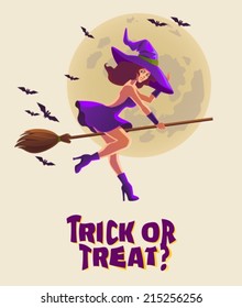 Halloween illustration with witch on broom, Holiday poster design, VECTOR
