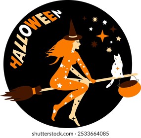 Halloween illustration of a witch on a broom on a black background