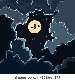 Halloween illustration of a witch on a broom on a black background