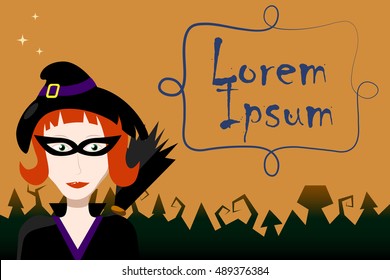 Halloween illustration with witch and text frame. Halloween vector image for greeting card, party invitation, banner template. Cartoon character. Red hair witch in hat with broom. Autumn season