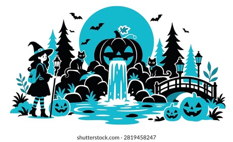 Halloween illustration with a witch, a waterfall, a jackolantern, cats, and bats in a magical forest setting
