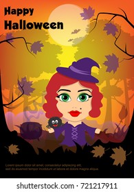 Halloween. Illustration of witch in the woods with the spider in his hands. Broom, cauldron.
