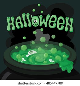 Halloween illustration, witches cauldron with the magic potion