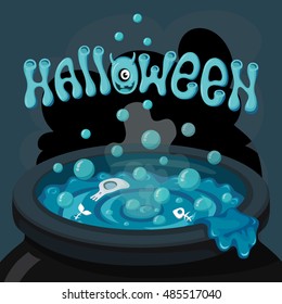 Halloween illustration, witches cauldron with the magic potion