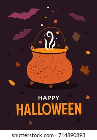 Halloween illustration with witch's pot of boiling potions, bats, and autumn leaves. Template for design of flyers, posters, greeting cards and banners.