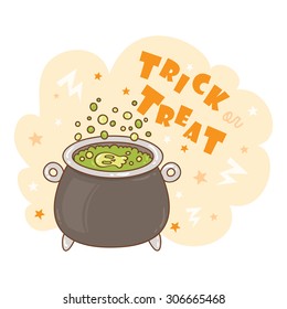 halloween illustration of witch's potion and trick or treat text message. can be used for halloween greeting cards and party invitations