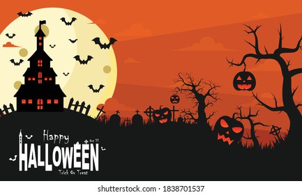 Halloween illustration yellow and orange and dark vector background, horror, lantern, pumpkin, tree, house, bat, moon, etc. Good for web backgrounds, cards, posters, greeting cards, etc.