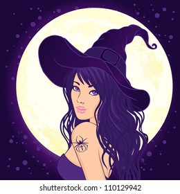 Halloween illustration: young pretty witch with a magic hat