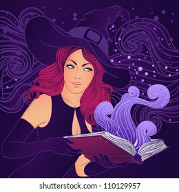 Halloween illustration: young pretty witch with a magic book