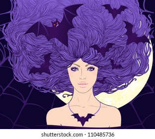 Halloween illustration: young pretty witch with flying bats in her long beautiful hair