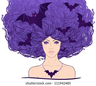 Halloween illustration: young pretty witch with flying bats in her long beautiful hair