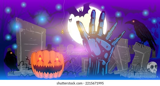 Halloween illustration with zombies hand, Jack pumpkin, graveyards, crows, and bats. Nightmare night ahead of Halloween. Stock vector postcard of the mystical cemetery illuminated by the big moon.