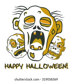 Halloween illustration with zombies and place for text. Funny hand-drawn characters. Cartoon style. Could be used as print for postcard or t-shirt and as element of Halloween design.