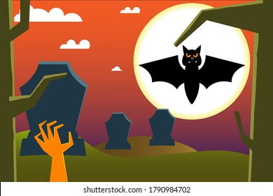 Halloween illustration. Zombies rise from the grave. Bat on the background of the moon. Twilight, cemetery. Flat Vector