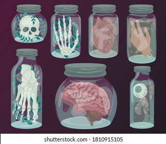 Halloween. Illustrations. Body part. For a terrible holiday. Cans of body parts. Organs. Vector. EPS10.