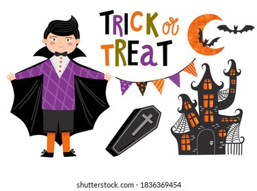 HALLOWEEN illustrations : boy Dracula, coffin, haunted castle and mystical moon, happy halloween inscription.
