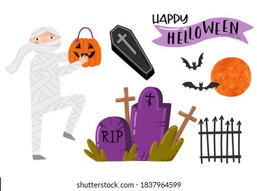 HALLOWEEN illustrations : boy mummy, coffin, zombie and mystical moon, happy halloween inscription.