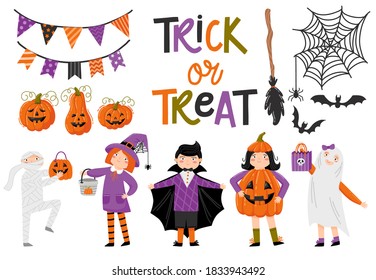 HALLOWEEN illustrations : cchildren in costumes for Halloween, pumpkins, decor, happy halloween inscription.