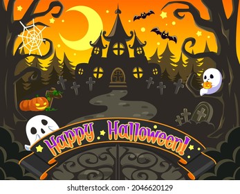 Halloween illustrations, cute ghosts and haunted house wallpapers, horizontal sizes, vectors.