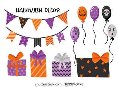 HALLOWEEN illustrations : halloween decor, ribbons, gifts balloons, happy halloween inscription.