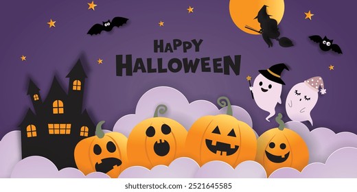 Halloween illustrations with Halloween elements such as pumpkins, ghosts, witches, bats, castle, and moon