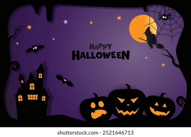 Halloween illustrations with Halloween elements such as pumpkins, ghosts, witches, bats, castle, and moon